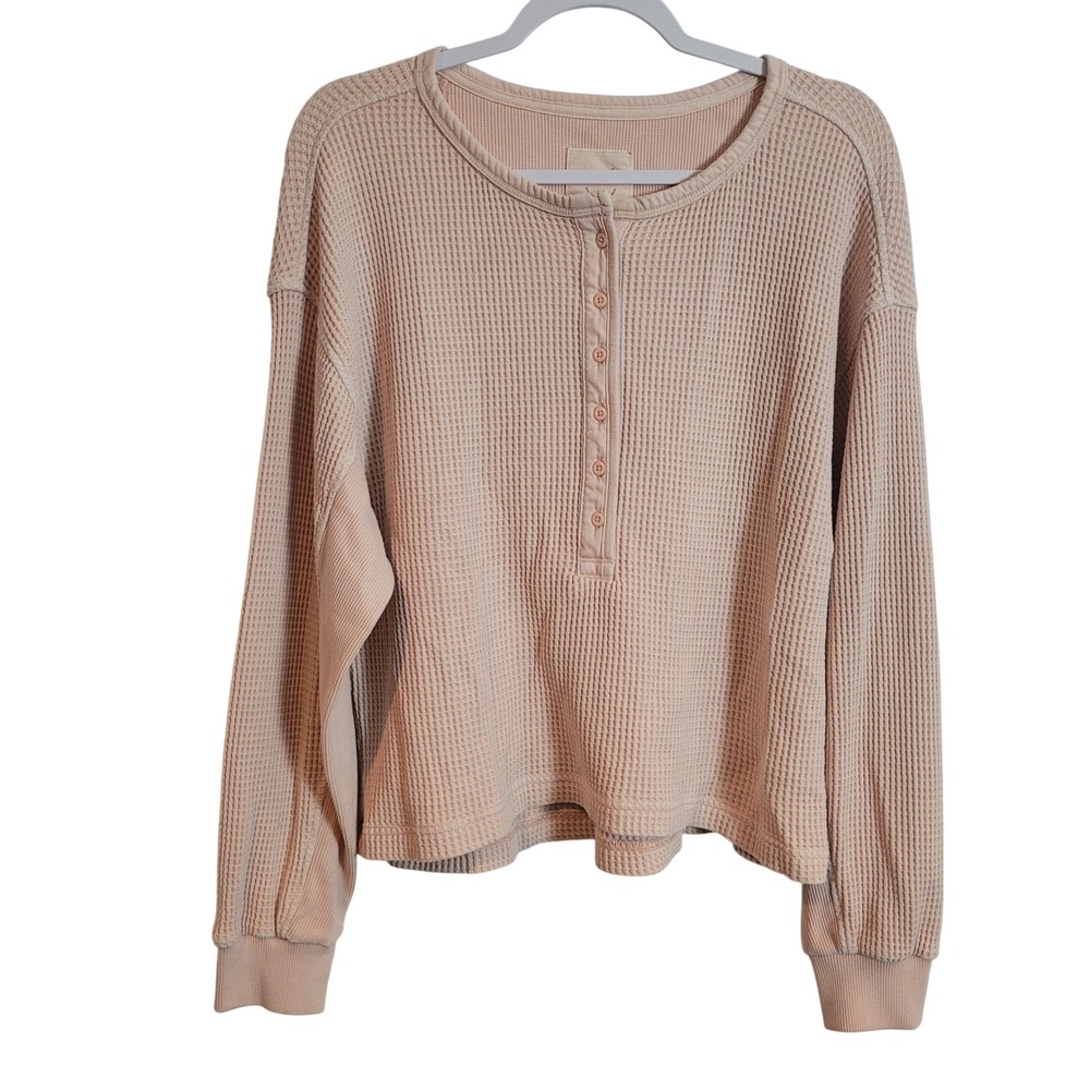 Aerie Women‎ Peach Pink Waffle Knit Henley Long Sleeve Top Size Medium Oversized